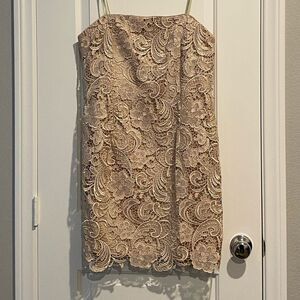 Adrianna Papell tan floral laced strapless dress